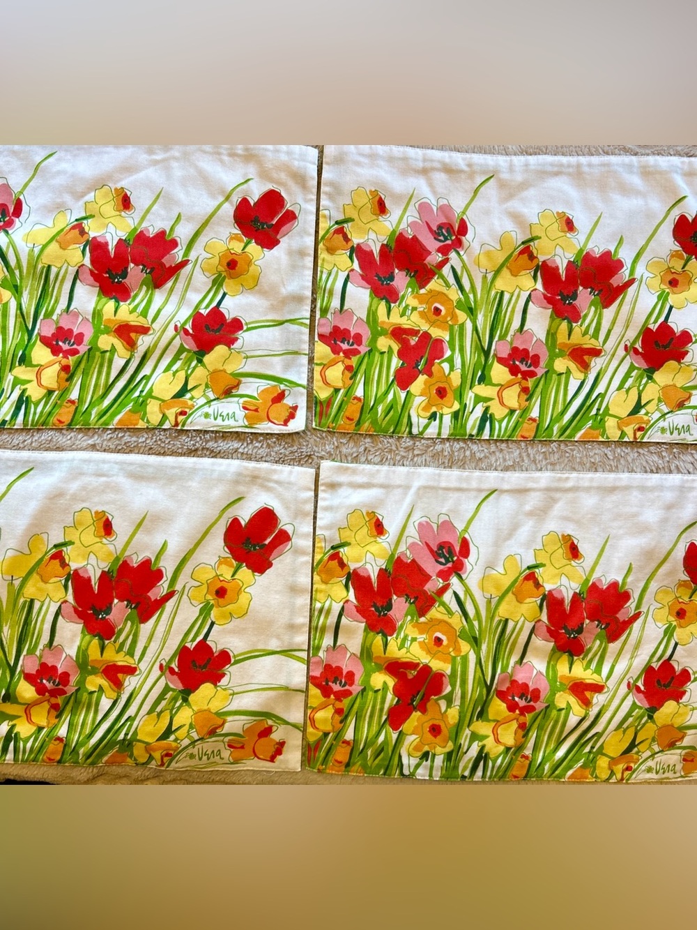 4 VINTAGE VERA NEUMANN LINEN PLACEMATS PLACE MATS FLOWERS DAFFODILS TULIPS